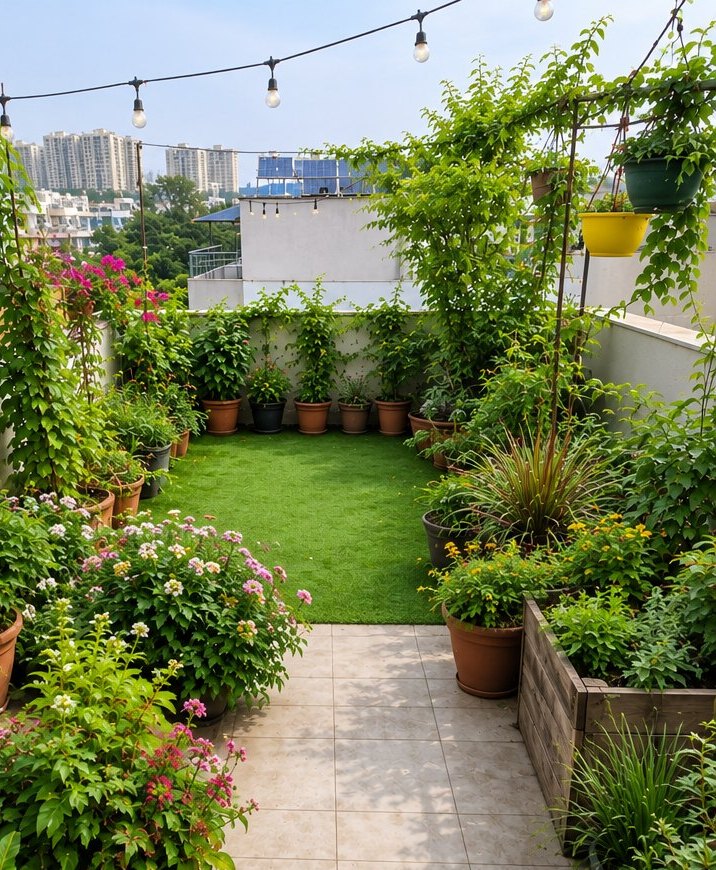 Terrace garden, bare to blooming — after Garden Sathi care